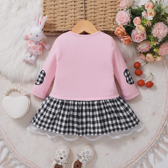 【18M-6Y】Girls Pink Plaid Rabbit Splicing Dress