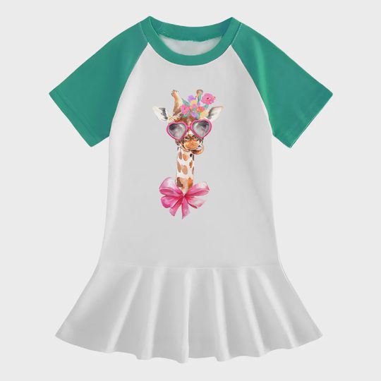 【18M-9Y】Giraffe With Heart Sunglasses Ruffle Dress For Girls