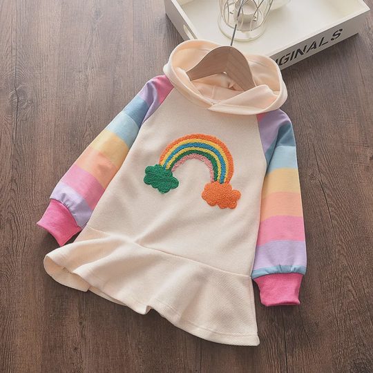 【18M-7Y】Girls Sweet Rainbow 3D Print Hooded Sweatshirt Dress