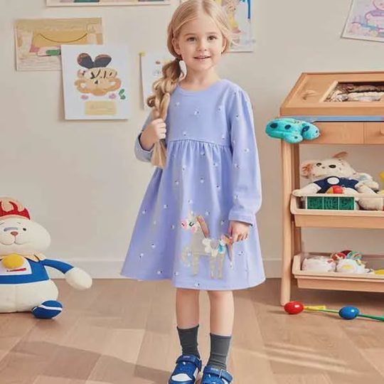 【18M-7Y】Girls Cute Unicorn And Polka Dot Pattern Long Sleeve Dress