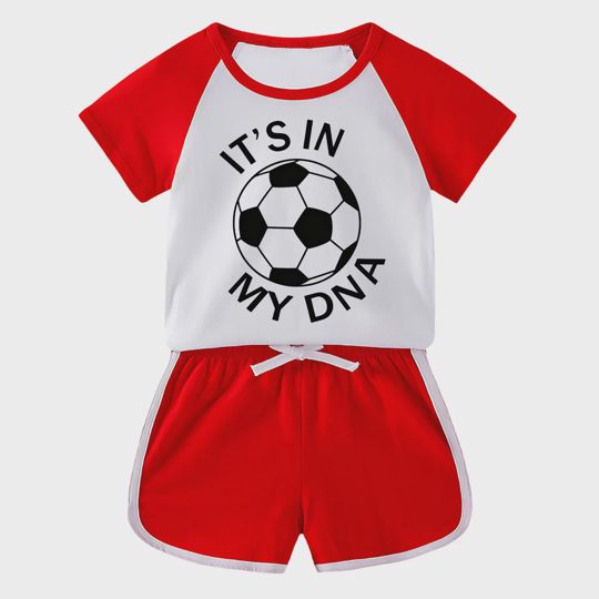 【18M-11Y】Toddler Soccer 'It's In My DNA' 2-Piece Outfit - Sporty Graphic Raglan Top & Shorts Set For Kids