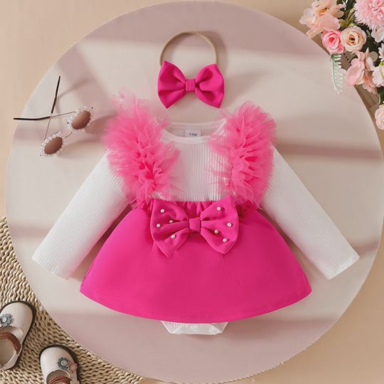 【0M-18M】Girls' Long Sleeve Ribbed Mesh Bow Beaded Romper Dress Set