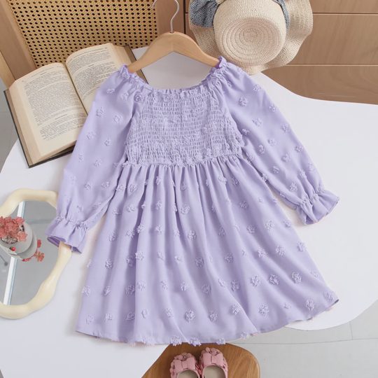 【2Y-9Y】Girls' Long Sleeve Square Neck Ruched Simple A-Line Dress