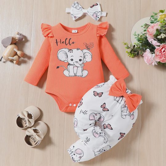 【0M-18M】3-piece Baby Girl Giraffe And Elephant Print Long Sleeve Romper And Pants Set With Hairband