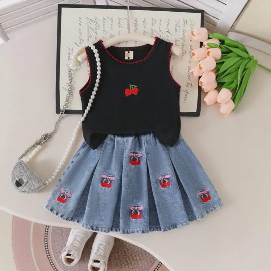 【2Y-7Y】Girls' Sleeveless Top + Cherry Embroidered Pleated Denim Skirt 2-Piece Set