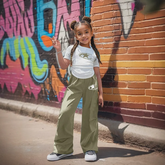 【4Y-13Y】2-piece Girls Star Print Shirt And Green Pants Set