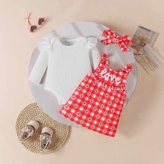 【0M-18M】Girls Ribbed Long Sleeve Top, Plaid Suspender Skirt, And Headband 3-piece Set