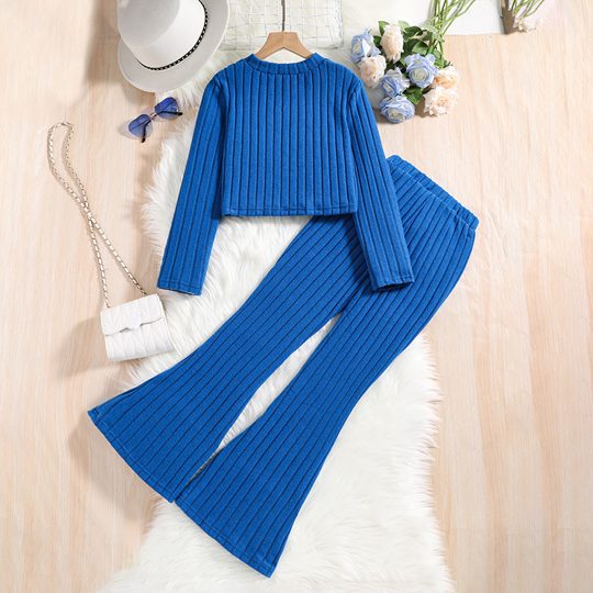 【8Y-13Y】Girls Ribbed Long-Sleeve Top And Flared Knit Pants Set