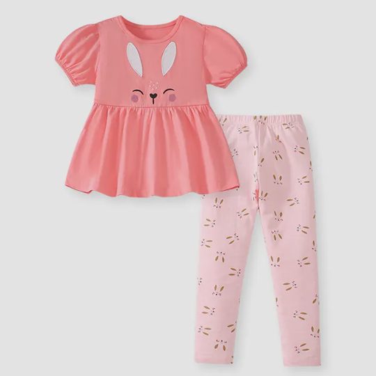 【1Y-7Y】2-piece Girls Cute Bunny Embroidered Orange-Pink T-shirt And Pink Leggings Set