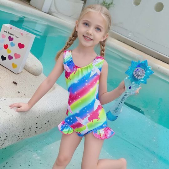 【12M-5Y】Girls' Vacation Style Dreamy Cartoon Mermaid Rainbow Flower Sleeveless Beach Bikini Swimsuit