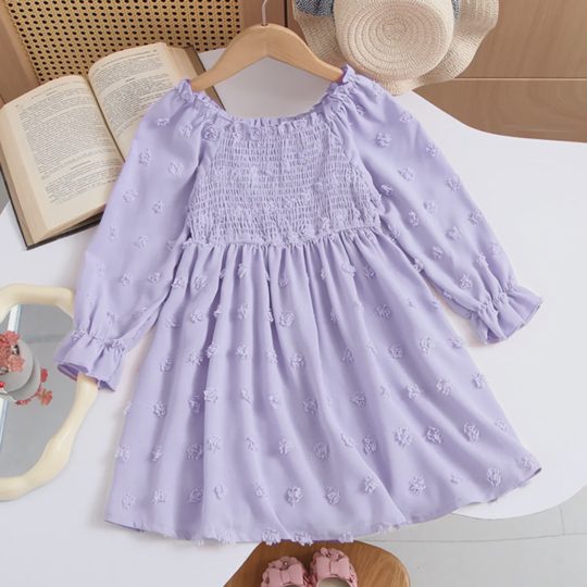 【2Y-9Y】Girls' Long Sleeve Square Neck Ruched Simple A-Line Dress