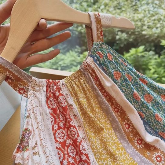 【18M-8Y】Girls Fashion Sweet Vintage Floral Stripe Print Bohemian Sling Dress - 33458