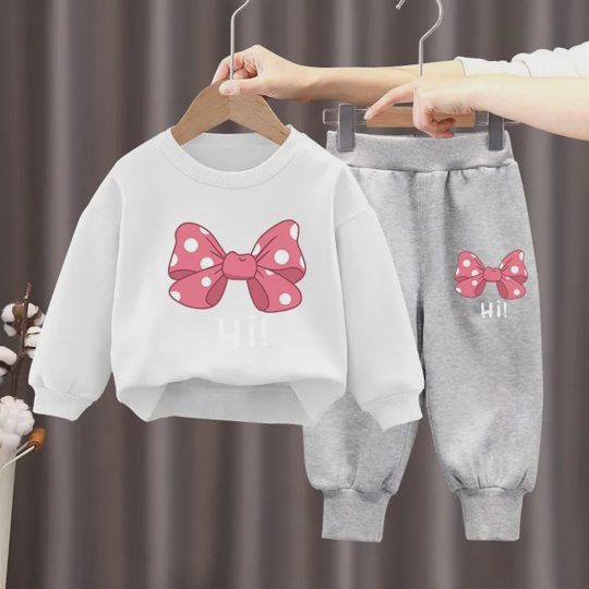 【18M-10Y】2-piece Girls Multicolor Bow Print Long-sleeved Sweatshirt And Pants Set - 34430