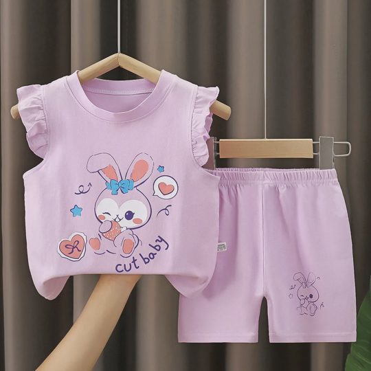 【6M-6Y】Girls' Fun Print Flutter Sleeve Short-Sleeve Top & Shorts Set