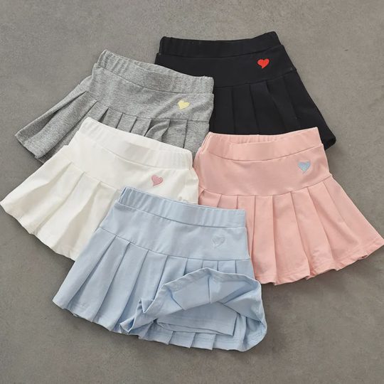 【2Y-15Y】Girls Casual College Heart Shape Embroidered Pleated Skirt - 33279