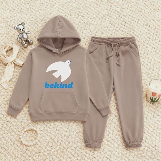【2Y-13Y】Fleece-Lined Hoodie And Joggers Set With Be Kind Pigeon Design For Kids