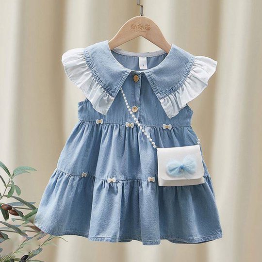 【12M-8Y】Girls Fashion Bowknot Lapel Sleeveless Denim Dress (Bag Not Included) - 33417