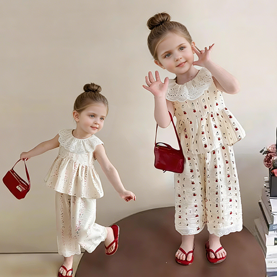 【12M-13Y】Girls' Lace Polka Dot Top + Pants Set