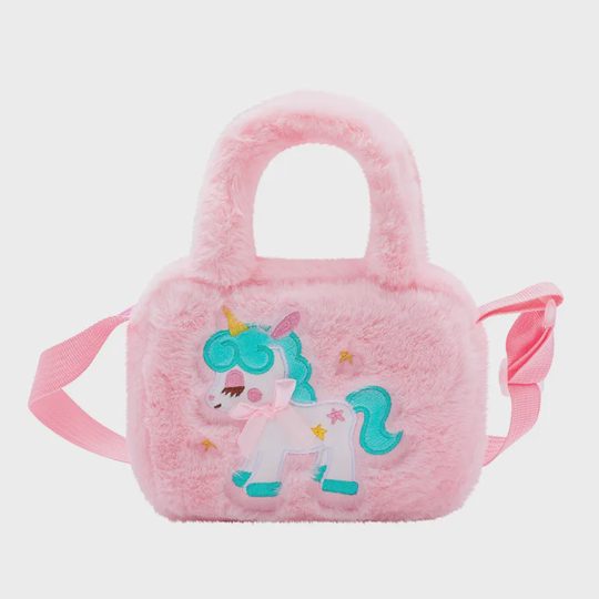 Girl Cute Fashion Faux Fur Unicorn Embroidered Square Handheld Crossbody Bag
