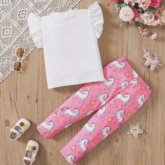 【2Y-8Y】2-piece Girls Cute Unicorn Print Ruffle Top And Pants Set