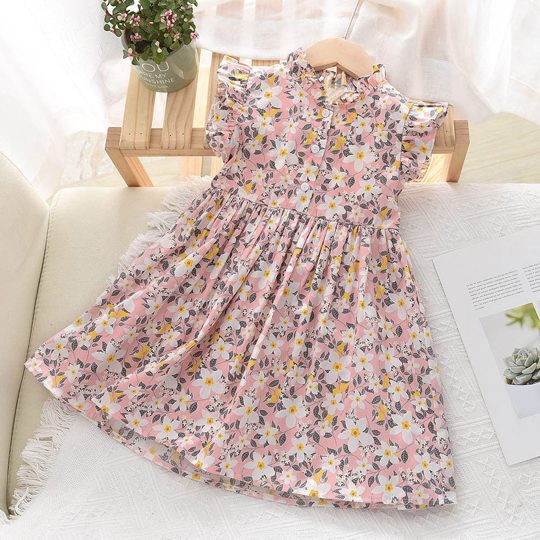 【18M-6Y】Girls' Stand Collar Flutter Sleeve Floral Button-Up Doll Dress