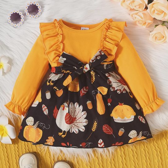 【0M-24M】Girls Thanksgiving Ruffle Sleeve Turkey Long Sleeve Dress