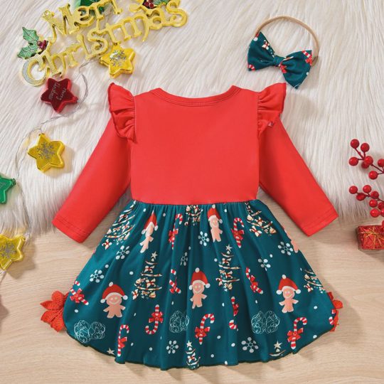 【0M-18M】Girls Christmas Party Letter Print Long Sleeve Floral Romper Dress