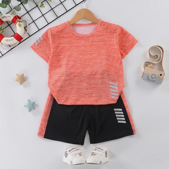 【18M-13Y】2-piece Boys Casual Sports Round Neck Short Sleeve T-shirt And Shorts Set