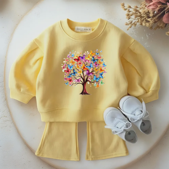 【12M-9Y】Colorful Butterfly Tree Print Kids Fleece-Lined Sweatshirt And Flare Pants Set