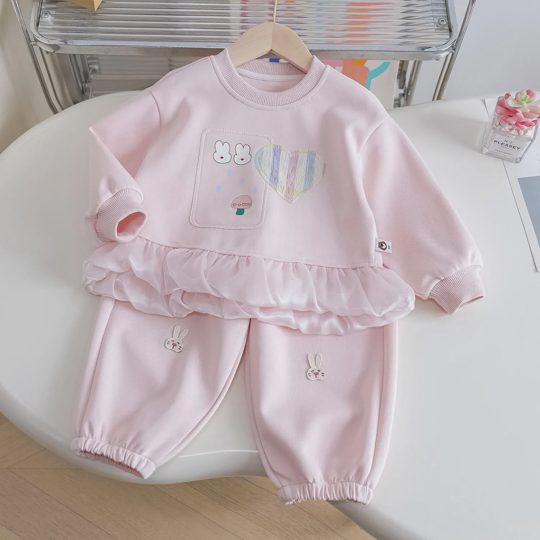 【18M-9Y】2-piece Girls Cartoon Rabbit Print Sweatshirt And Pants Set