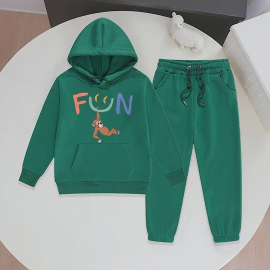 【2Y-13Y】Festive Fleece-Lined Hoodie And Jogger Set With Fun Banana Monkey Cartoon Design For Kids