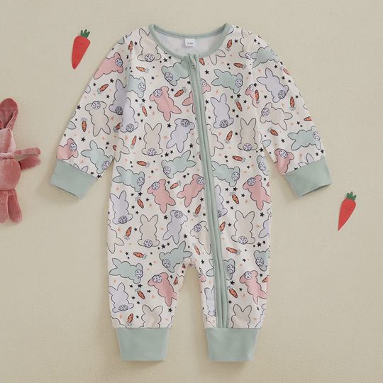 【0M-18M】Unisex Baby Cute Rabbit Print Long Sleeve Jumpsuit