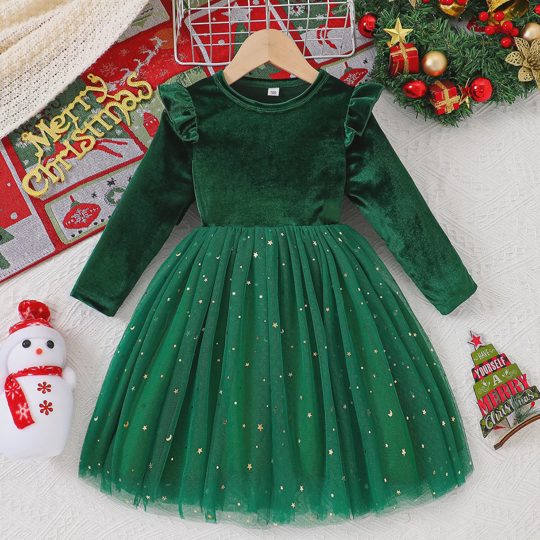 【2Y-7Y】Girls Christmas Velvet Long Sleeve Star Mesh Dress