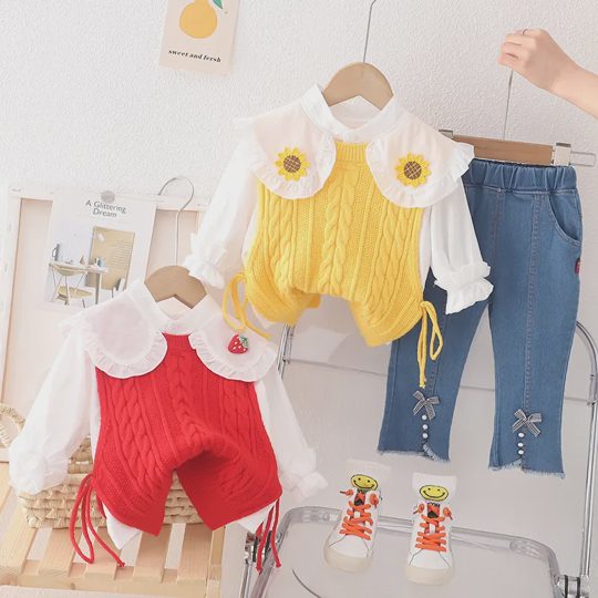 【12M-5Y】Girls Solid Peter Pan Collar Long-Sleeve Blouse, Knit Sweater Vest, And Wide-Leg Pants 3-piece Set