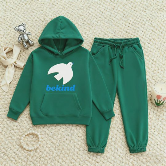 【2Y-13Y】Fleece-Lined Hoodie And Joggers Set With Be Kind Pigeon Design For Kids