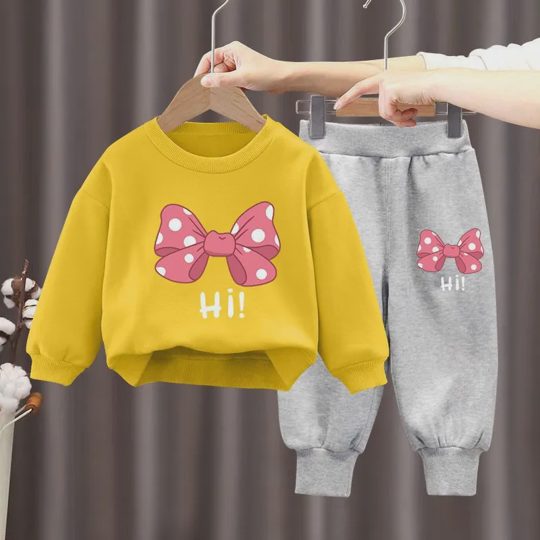 【18M-10Y】2-piece Girls Multicolor Bow Print Long-sleeved Sweatshirt And Pants Set - 34430