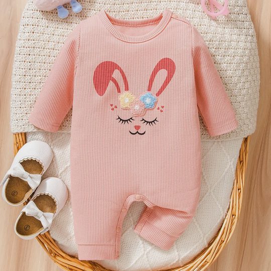 【0M-9M】Baby Girl Pink Bunny Printed Embroidered Long Sleeve Romper