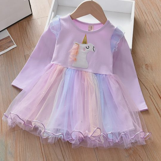 【18M-8Y】Girls Unicorn Embroidered Gradient Mesh Long Sleeve Dress