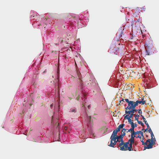 【2Y-10Y】Girls Elegant Flower Print Bow Princess Dress