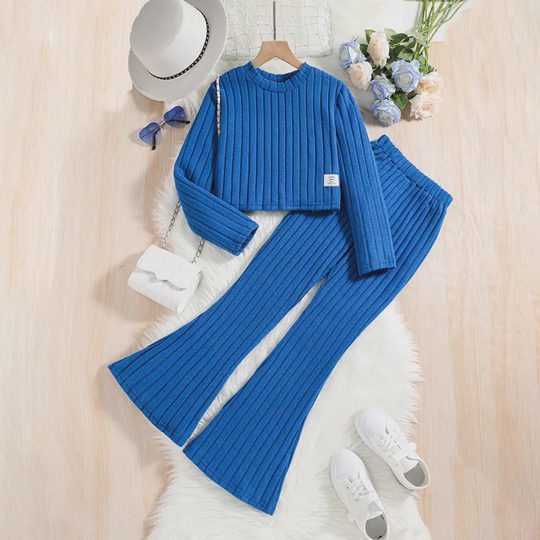 【8Y-13Y】Girls Ribbed Long-Sleeve Top And Flared Knit Pants Set