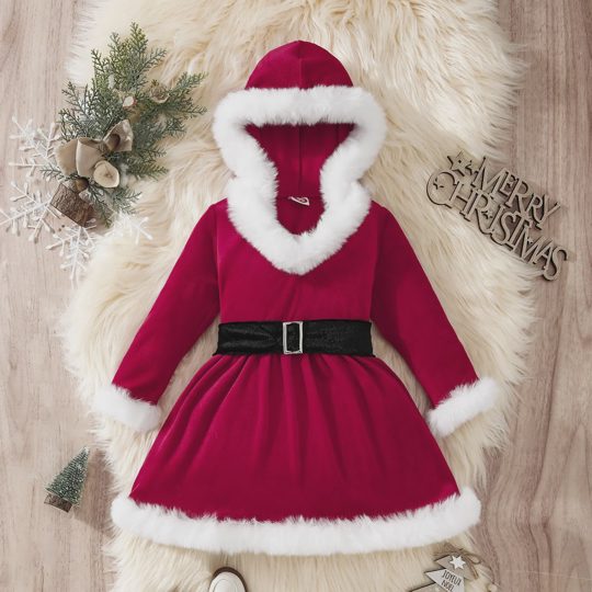【12M-6Y】Girls Christmas Hooded V-Neck Princess Dress