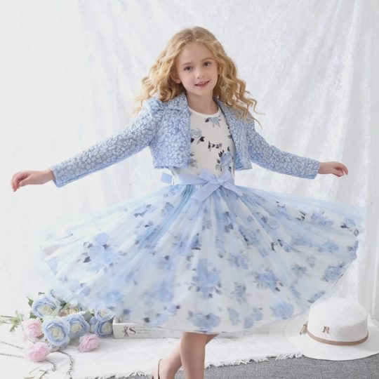 【5Y-15Y】Girls Rose Vest Dress With Tweed Lapel Jacket Two-piece Set