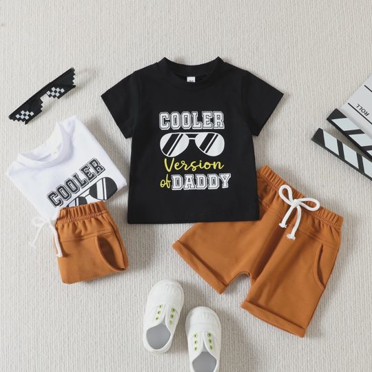 【6M-4Y】2-piece Boys Letter And Sunglasses Print Shirt And Shorts Set