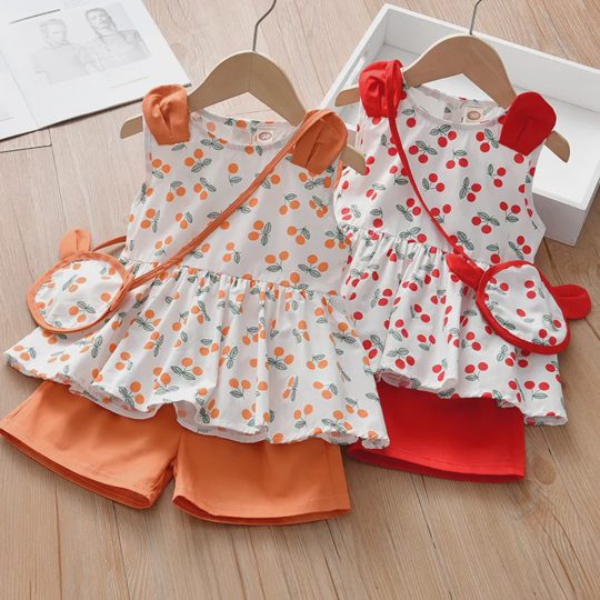 【12M-5Y】Girl Sweet Cherry Print Color Block Sleeveless Top And Shorts Set With Bag - 34398
