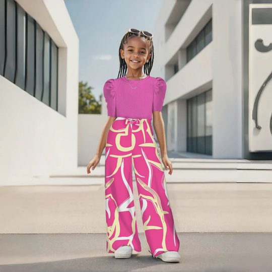 【3Y-13Y】2-piece Girls Black Puff Sleeves Top And Pants Set