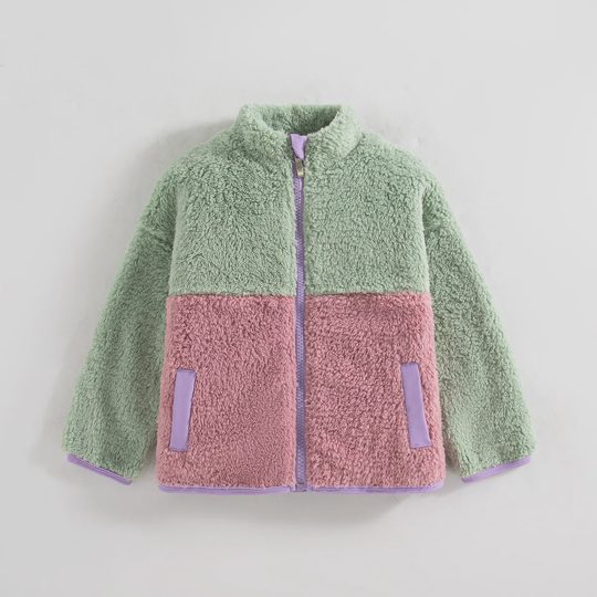 【2Y-7Y】Girls Thick Fleece-Lined Warm Sherpa Stand-Collar Zip Jacket
