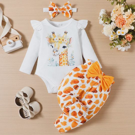 【0M-18M】3-piece Baby Girl Giraffe And Elephant Print Long Sleeve Romper And Pants Set With Hairband