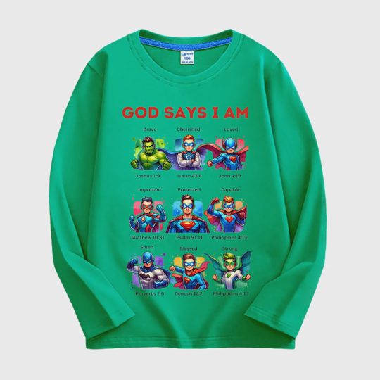 【18M-11Y】Kids Long Sleeve Tee With Superhero & Bible Quote Print