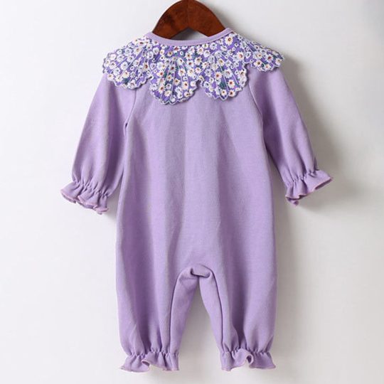 【3M-24M】2-piece Baby Girl Purple Floral Lapel Long Sleeve Romper With Hat