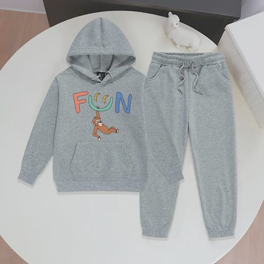 【2Y-13Y】Festive Fleece-Lined Hoodie And Jogger Set With Fun Banana Monkey Cartoon Design For Kids